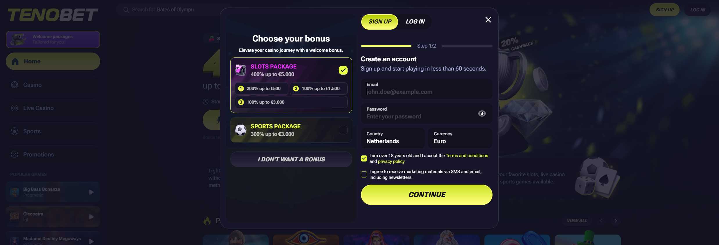 Account access at TenoBet